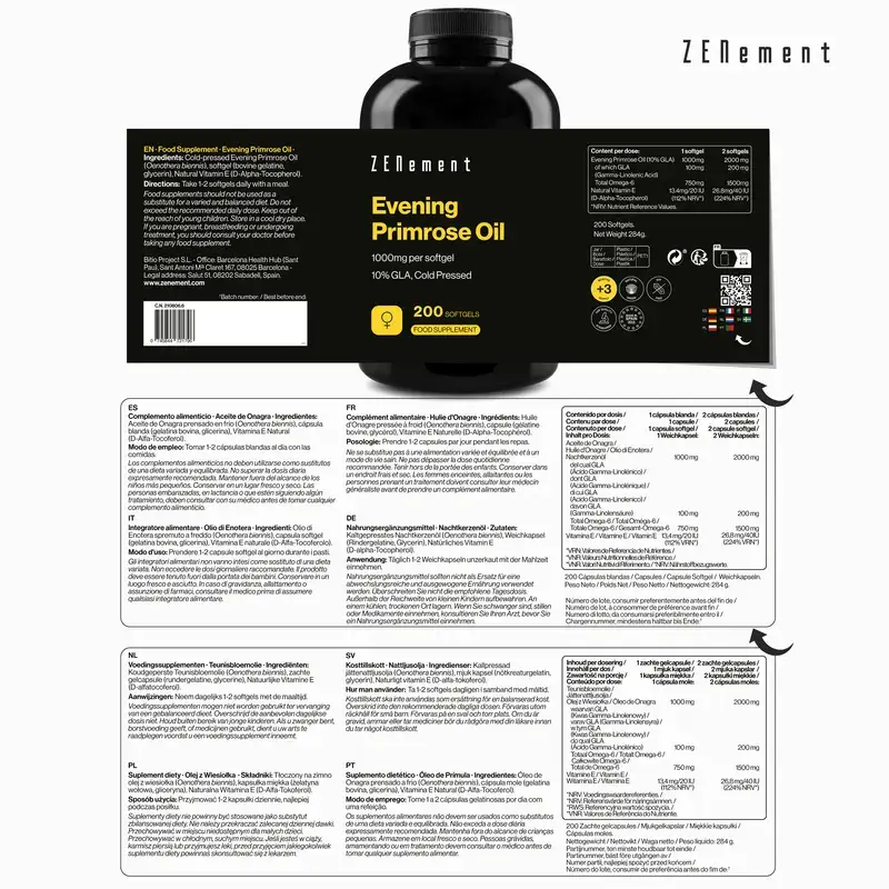 Zenement Evening Primrose Oil 1000 mg, 200 softgels - Image 2